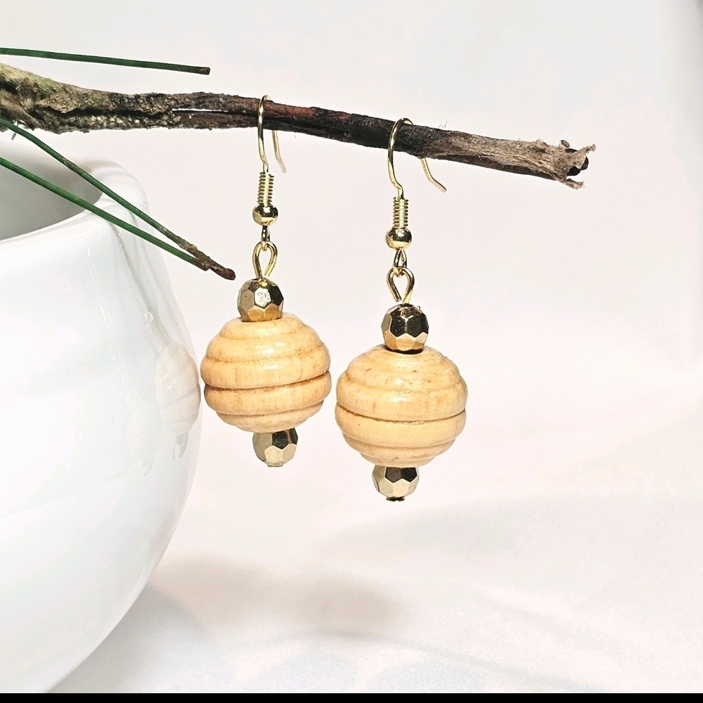 Beaded Wooden Drop Earrings: Natural Wood, Minimalist Boho Style